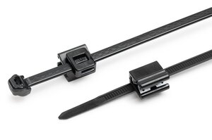 Cable tie (PP) with anti-slip engraving assembled with EdgeClip for side cable routing.