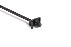 Cable tie features a wing design that helps stabilize the tie in high-vibration applications.