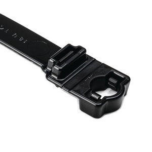 Tie utilizes a strong hinge between the stud mount and strap head to provide superior holding ability.