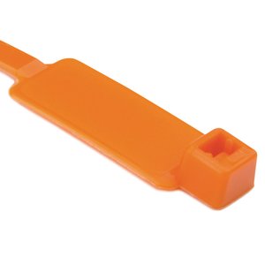 Cable tie features an identification plate to easily identify bundles.