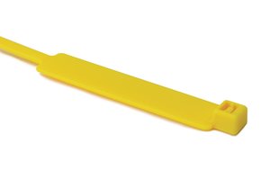 Cable tie features an identification plate to easily identify bundles.