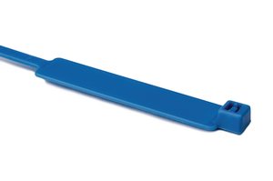 Cable tie features an identification plate to easily identify bundles.